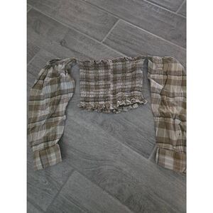 LF Furst of a Kind Reworked Plaid Smocked Long Sleeve Tube Top Crop Top Puff Sho